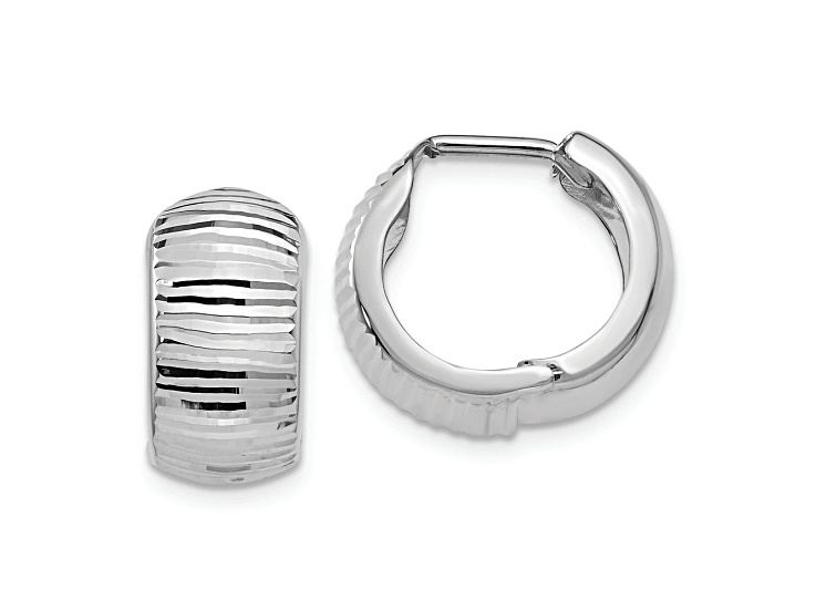 Rhodium Over 14k White Gold 11/16" Textured and Polished Hinged Hoop Earrings