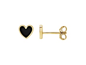 14K Yellow Gold Black Enamel Heart Stud Earrings