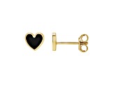 14K Yellow Gold Black Enamel Heart Stud Earrings