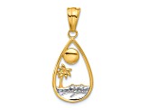 14K Yellow Gold with White Rhodium Diamond-cut Ocean Scene Teardrop Pendant