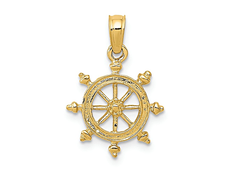 14k Yellow Gold Textured Ship Wheel Pendant