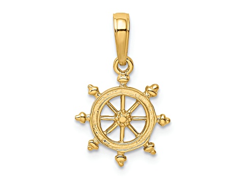 14k Yellow Gold Textured Ship Wheel Pendant