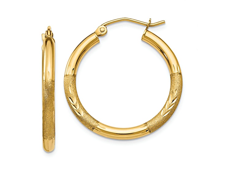 14k Yellow Gold 15/16" Satin and Diamond-Cut Round Hoop Earrings