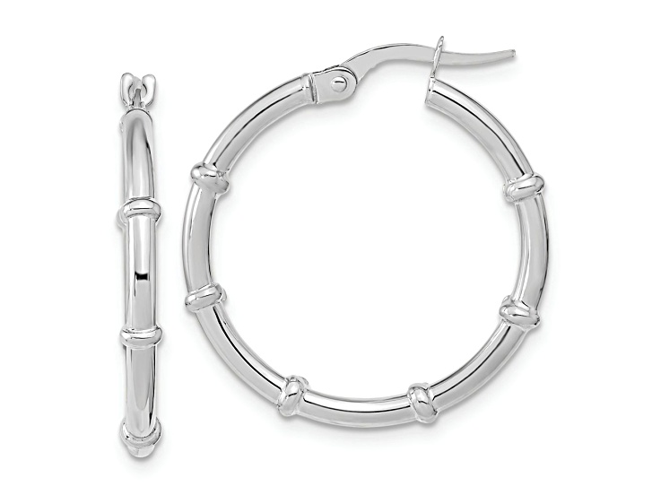 Rhodium Over 14k White Gold 1/1" Polished and Fancy Hoop Earrings