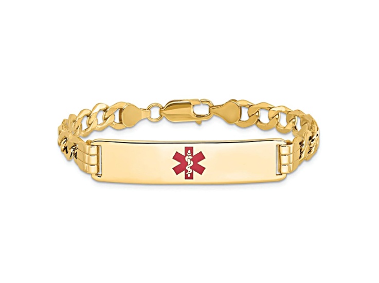 14k Yellow Gold Medical Red Enamel Curb Link ID Bracelet