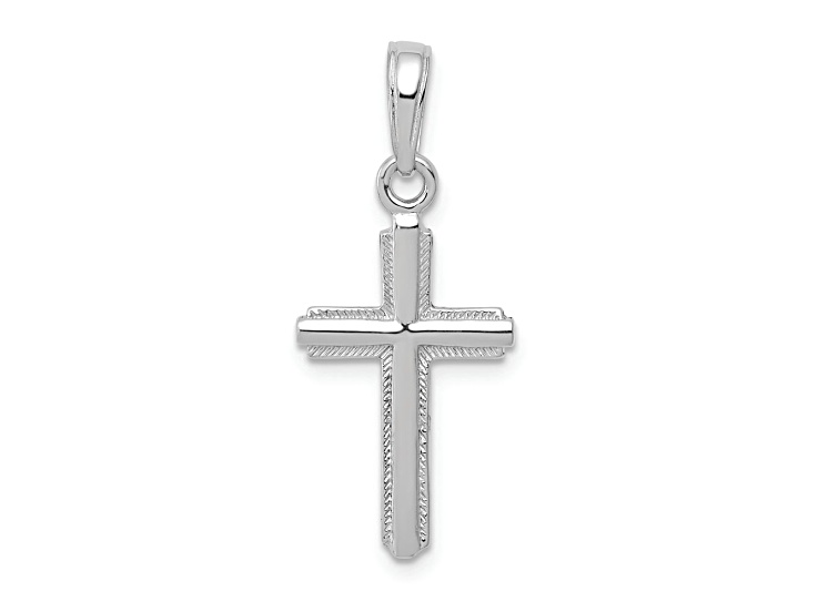 Rhodium Over 14k White Gold Polished and Textured Cross with Striped Border Pendant