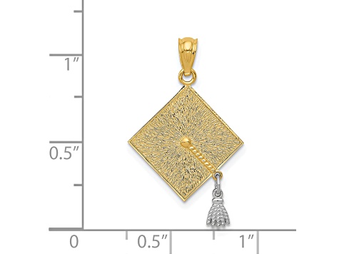 14K Yellow Gold with Rhodium 3-D Graduation Cap with Moveable Tassel Pendant