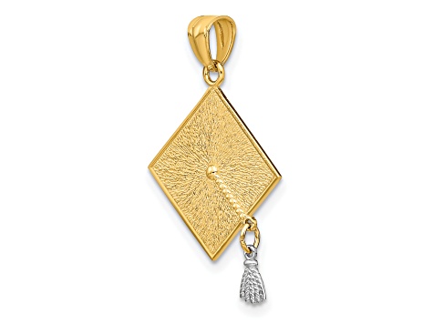 14K Yellow Gold with Rhodium 3-D Graduation Cap with Moveable Tassel Pendant