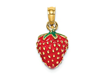 Picture of 14k Yellow Gold 3D with Enamel Strawberry and Leaf Pendant