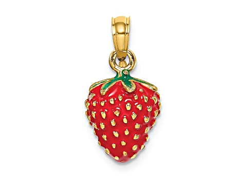 14k Yellow Gold 3D with Enamel Strawberry and Leaf Pendant