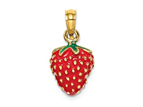 14k Yellow Gold 3D with Enamel Strawberry and Leaf Pendant