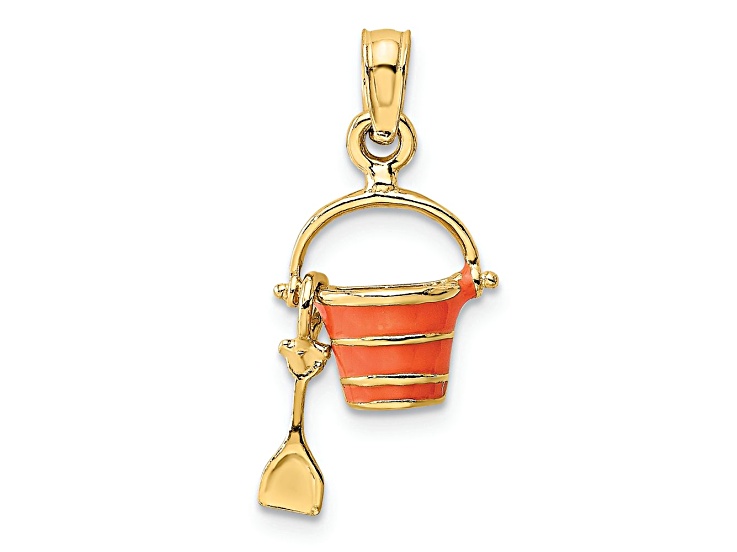 14k Yellow Gold 2D Orange Enameled Beach Bucket with Moveable Shovel Charm