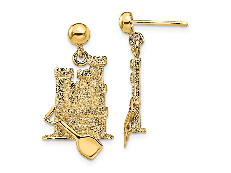 14K Yellow Gold 3D Shovel with Sand Castle Dangle Earrings