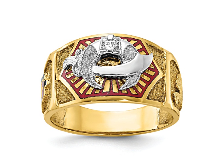 10K Two-Tone Yellow and White Gold Men's Textured and Enameled Masonic Shriner's Ring