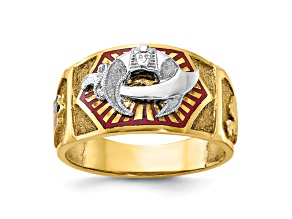 10K Two-Tone Yellow and White Gold Men's Textured and Enameled Masonic Shriner's Ring