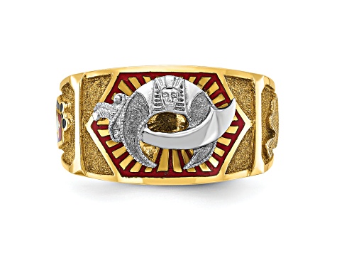 10K Two-Tone Yellow and White Gold Men's Textured and Enameled Masonic Shriner's Ring