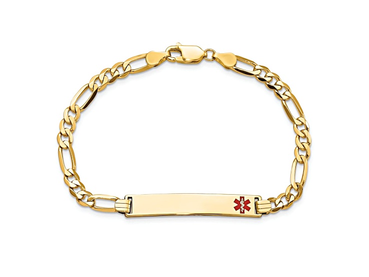 14k Yellow Gold Medical Red Enamel Flat Figaro Link ID Bracelet