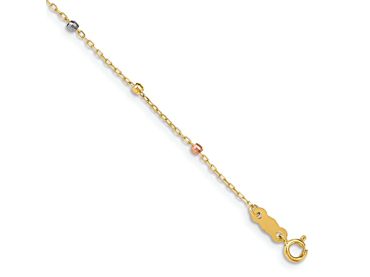 14k Tri-color Gold Diamond-Cut Beaded Bracelet with Cross Charm