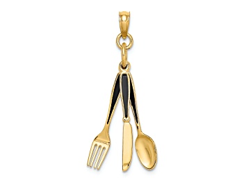 Picture of 14k Yellow Gold Black Enameled 3D Knife, Fork, Spoon Moveable Charm