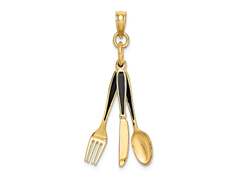 14k Yellow Gold Black Enameled 3D Knife, Fork, Spoon Moveable Charm