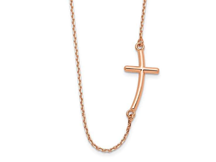 14K Rose Gold Large Sideways Curved Cross Necklace