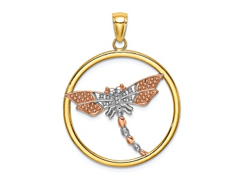 Picture of 14k Two-Tone Gold with Rhodium Over 14k Rose Gold Textured Dragonfly in Round Frame Charm
