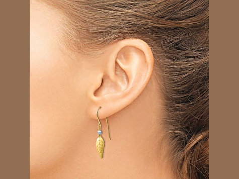 14K Two Tone Stamped Leaf Shepherd Hook Earrings