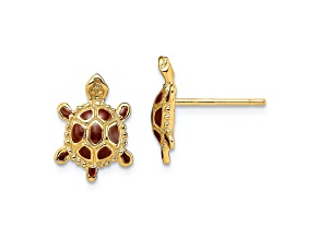 14k Yellow Gold Textured Sea Turtle with Spiny Brown Enamel Shell Earrings