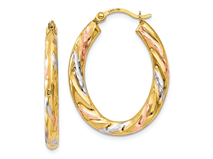 14k Yellow Gold and Rhodium Over 14k Yellow Gold 15/16" Oval Scallop Hoop Earrings