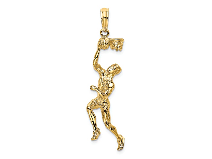 14k Yellow Gold Textured 3D Basketball Player with Ball and Partial Hoop Charm