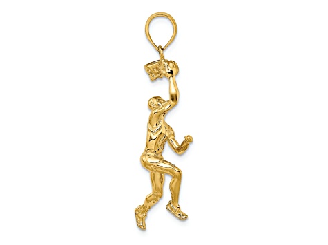 14k Yellow Gold Textured 3D Basketball Player with Ball and Partial Hoop Charm