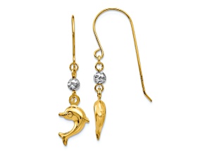 14k Two-tone Gold Puffed Dolphin Dangle Earrings