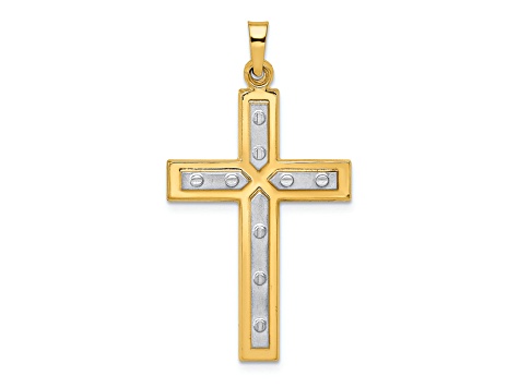 Rhodium Over 14K Two-tone Gold Polished and Satin Cross Pendant