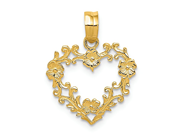 14k Yellow Gold Polished and Textured Floral Border Heart Pendant