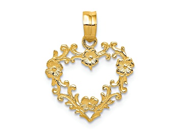 Picture of 14k Yellow Gold Polished and Textured Floral Border Heart Pendant