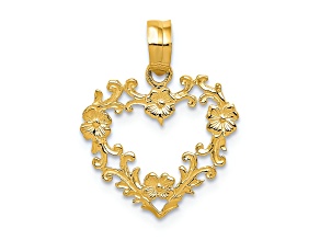 14k Yellow Gold Polished and Textured Floral Border Heart Pendant