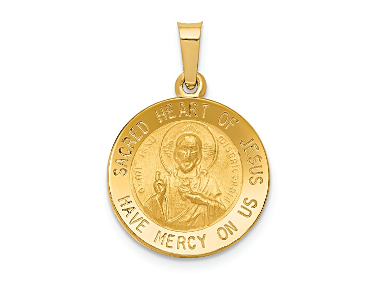 14K Yellow Gold Polished and Satin Sacred Heart of Jesus Medal Hollow Pendant