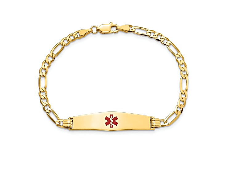 14k Yellow Gold Medical Soft Diamond Shape Red Enamel Flat Figaro Link ID Bracelet