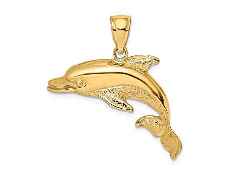 14k Yellow Gold Polished and Textured Open Mouth Dolphin Charm