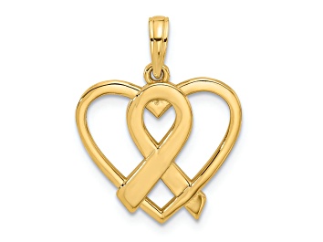 Picture of 14k Yellow Gold Polished Awareness Ribbon and Heart Charm