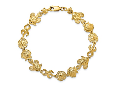 14k Yellow Gold Textured Sea Life Link Bracelet