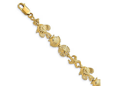 14k Yellow Gold Textured Sea Life Link Bracelet