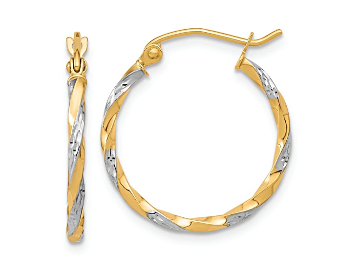 10k Yellow Gold and Rhodium Over 10k Yellow Gold 13/16" Twisted Hoop Earrings