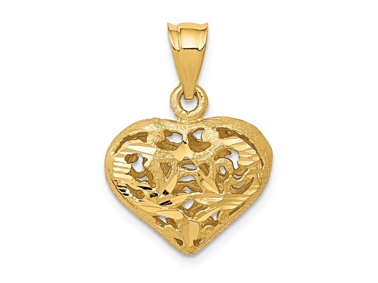 14k Yellow Gold Polished and Brushed 3D Filigree Puffed Heart Pendant