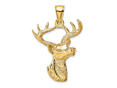 14k Yellow Gold 2D Textured Deer Head Profile Charm