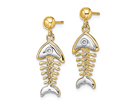 14K Two-tone Gold Fishbone Dangle Earrings