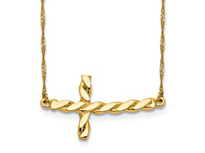 14K Yellow Gold Polished Twisted Sideways Cross 17-inch Necklace