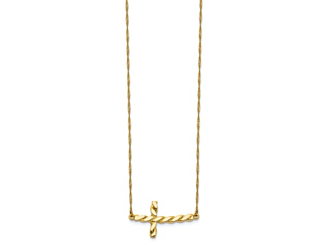 14K Yellow Gold Polished Twisted Sideways Cross 17-inch Necklace