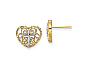 14K Yellow Gold and Rhodium Over 14K Yellow Gold Textured Filigree Cross Center Heart Stud Earrings