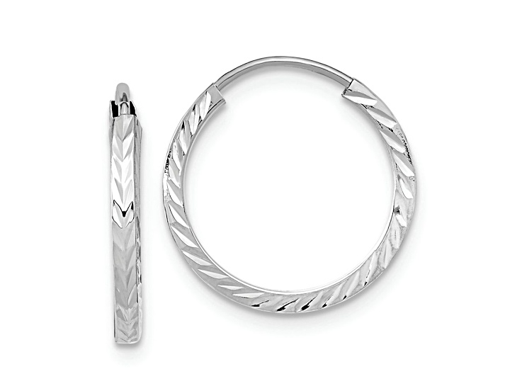 Rhodium Over 10k White Gold 9/16" Diamond-Cut Square Tube Endless Hoop Earrings